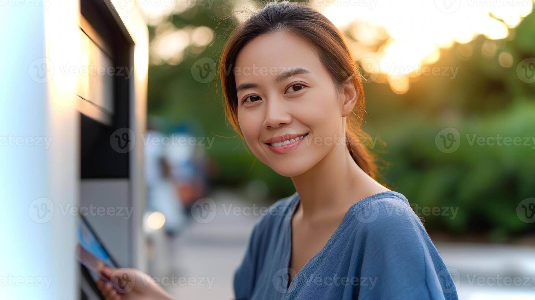 A young woman stands at an ATM in a park during sunset, joyfully interacting with the machine while displaying a warm smile. photo