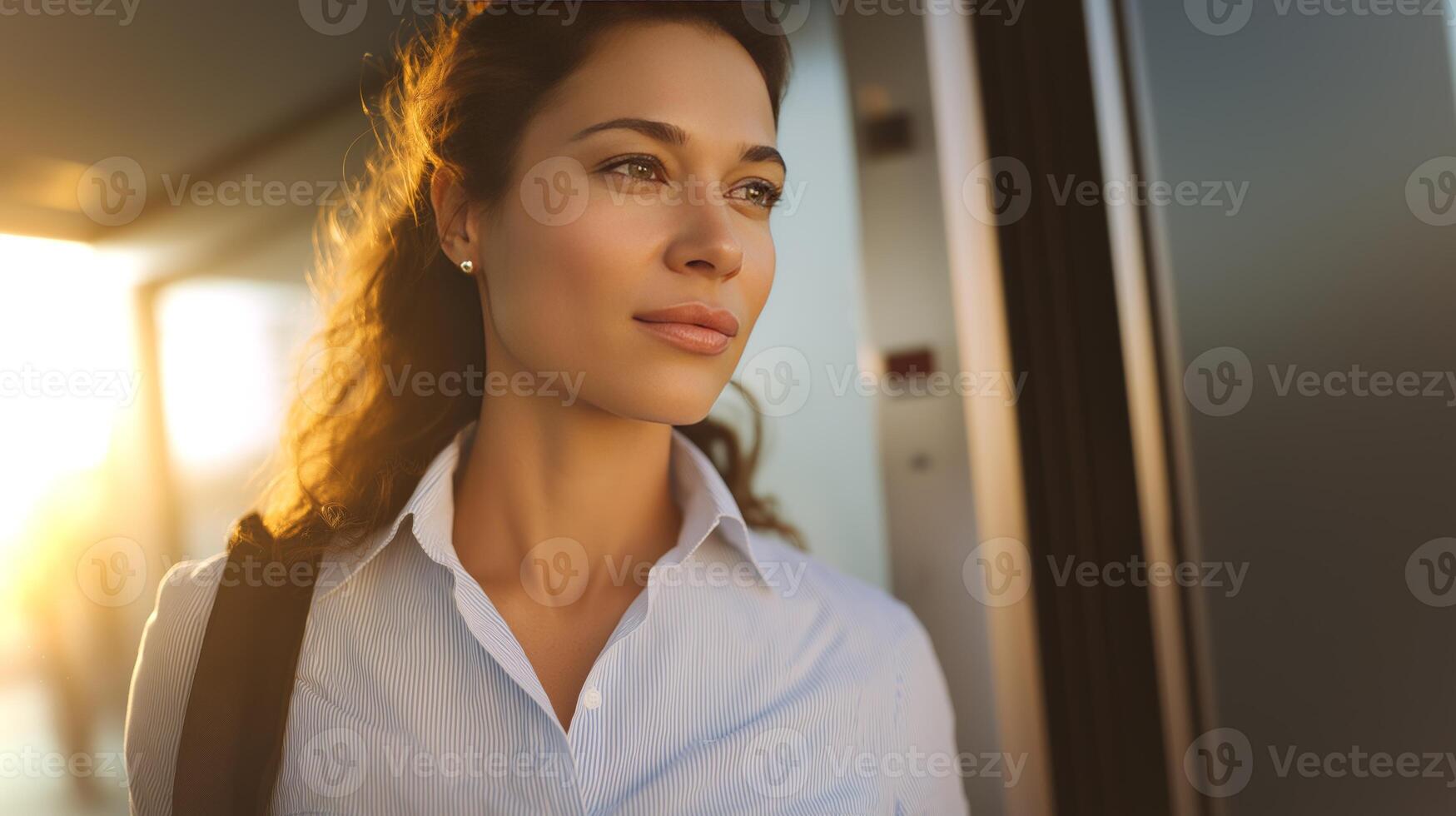 A woman stands by an elevator, looking pensively outdoors as warm sunlight filters through the space. Her expression suggests contemplation at day's end. photo