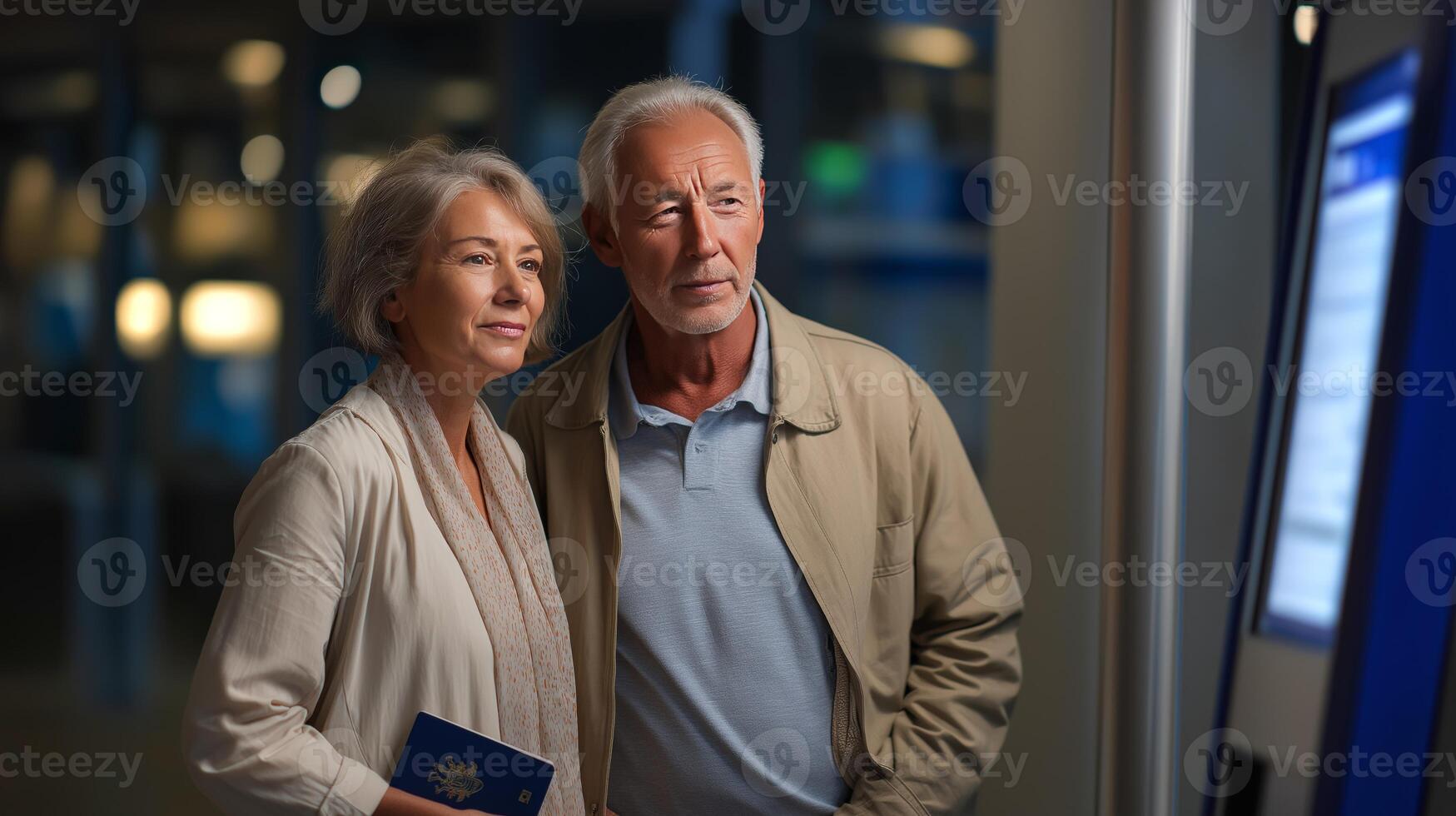 A couple stands closely together, looking at a self-service kiosk in the airport. photo