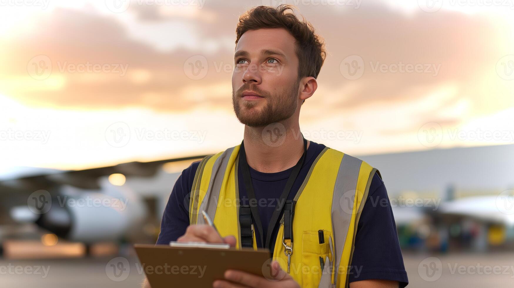 A ground crew member wears a safety vest and holds a clipboard while observing the airport environment during sunset. The warm colors enrich the atmosphere. photo
