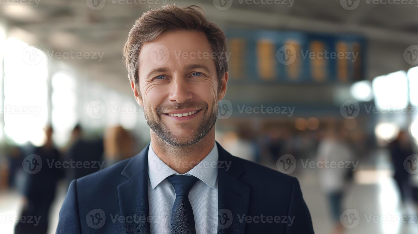 Confident man in a suit smiles while standing in an airport terminal filled with travelers and bright lighting, creating a welcoming atmosphere. photo