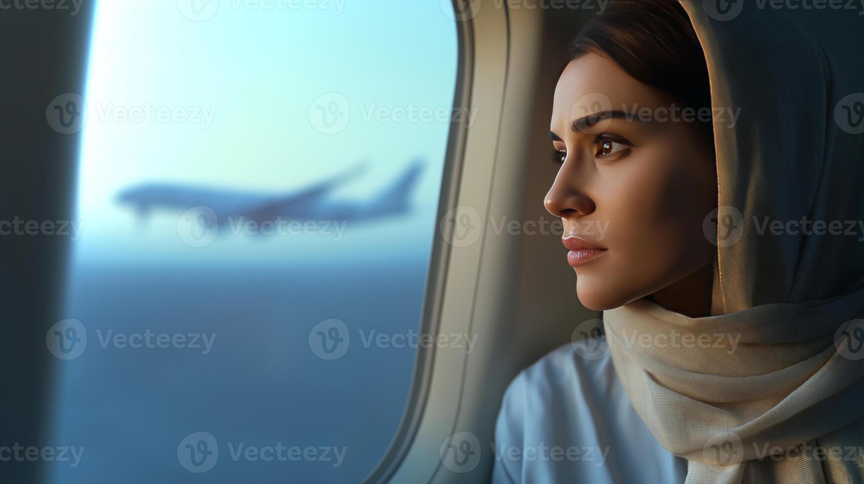 A woman with a headscarf looks contemplative while sitting by the window of an airplane, watching another aircraft in the distance during a morning flight. photo