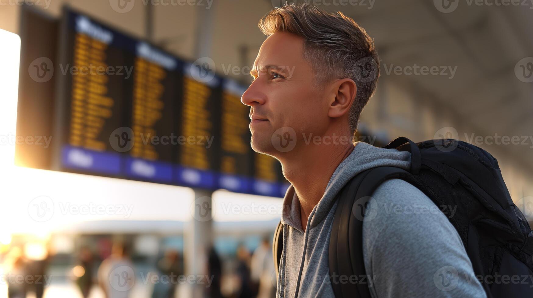 A man stands inside an airport, gazing thoughtfully toward a flight information display as sunset light streams through the terminal, illuminating his face. photo