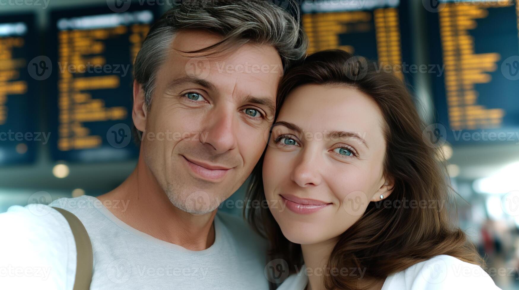 A couple smiles at the airport, surrounded by departure boards, showing excitement for their upcoming trip. The atmosphere is filled with anticipation. photo