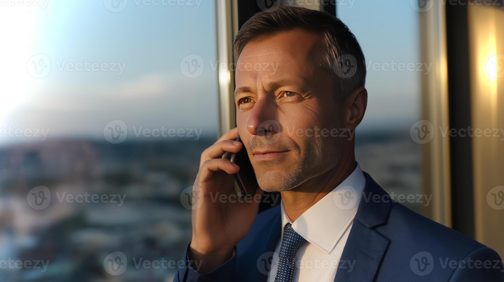 A man in a suit talks on his phone while standing by a large window overlooking the city. The sunlight casts a warm glow, enhancing the professional atmosphere. photo