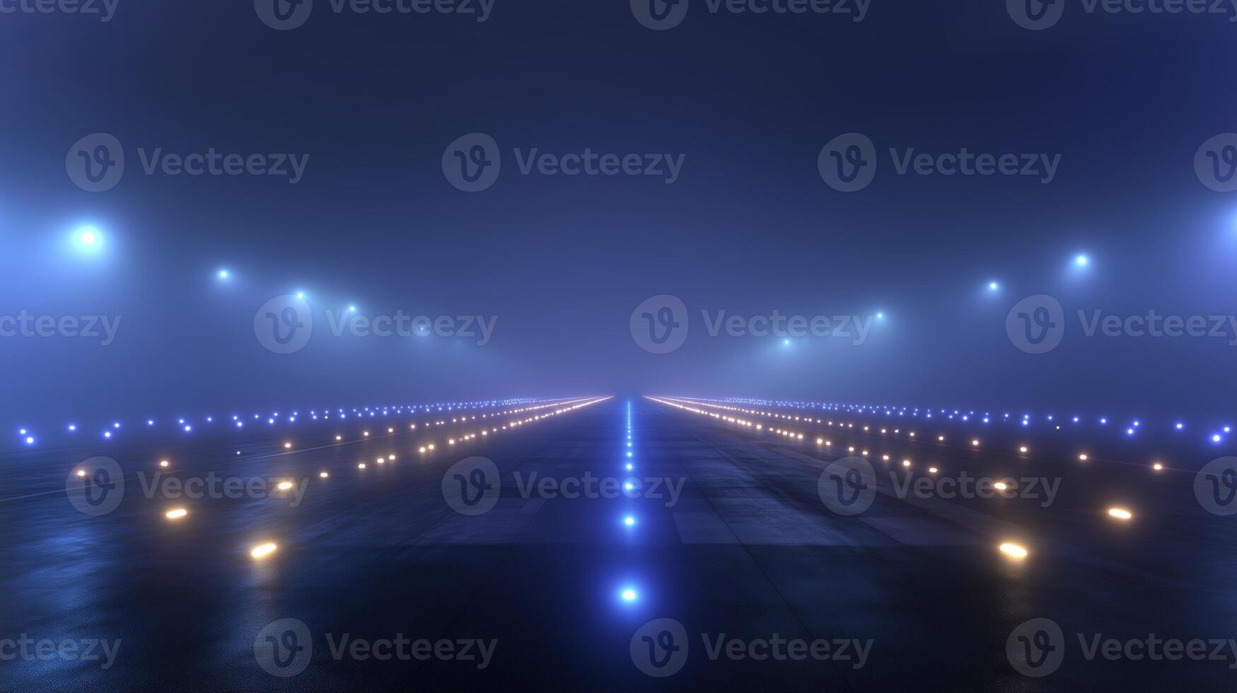 A long, empty runway appears shrouded in dense fog, with soft blue and yellow lights casting an eerie glow, inviting mystery and intrigue in the darkness. photo