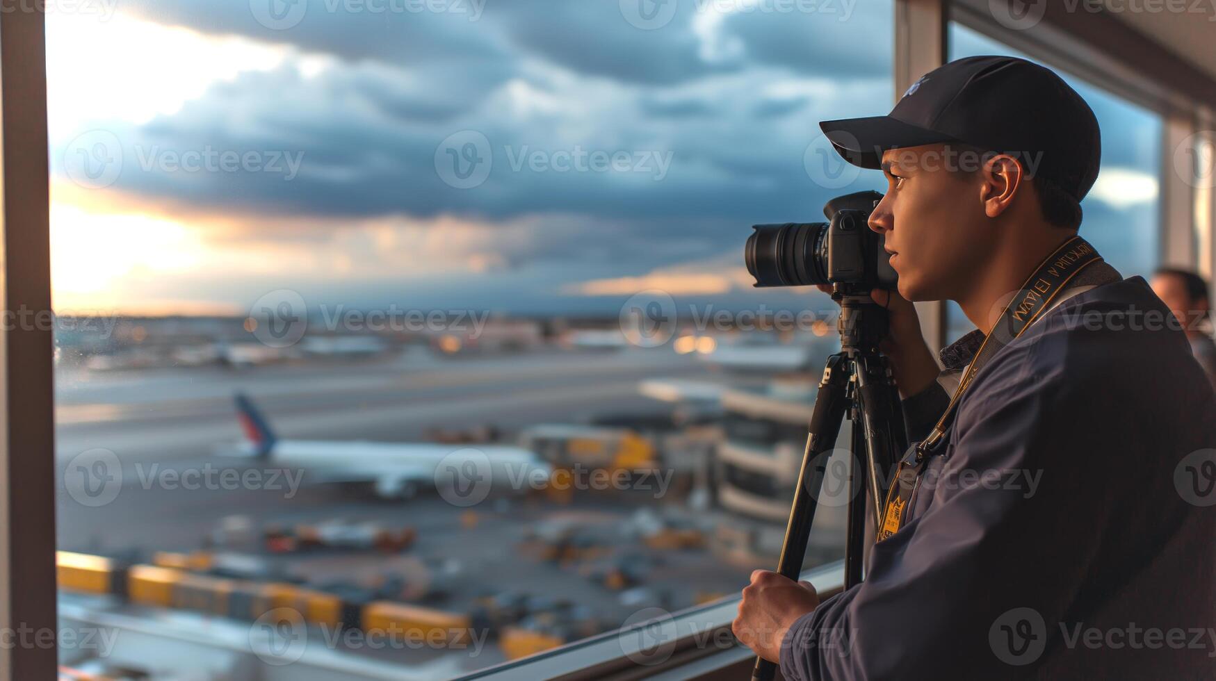 A photographer sets up his camera on a tripod, focusing on the vibrant sunset over the airport. Aircraft and terminals are visible in the background. photo
