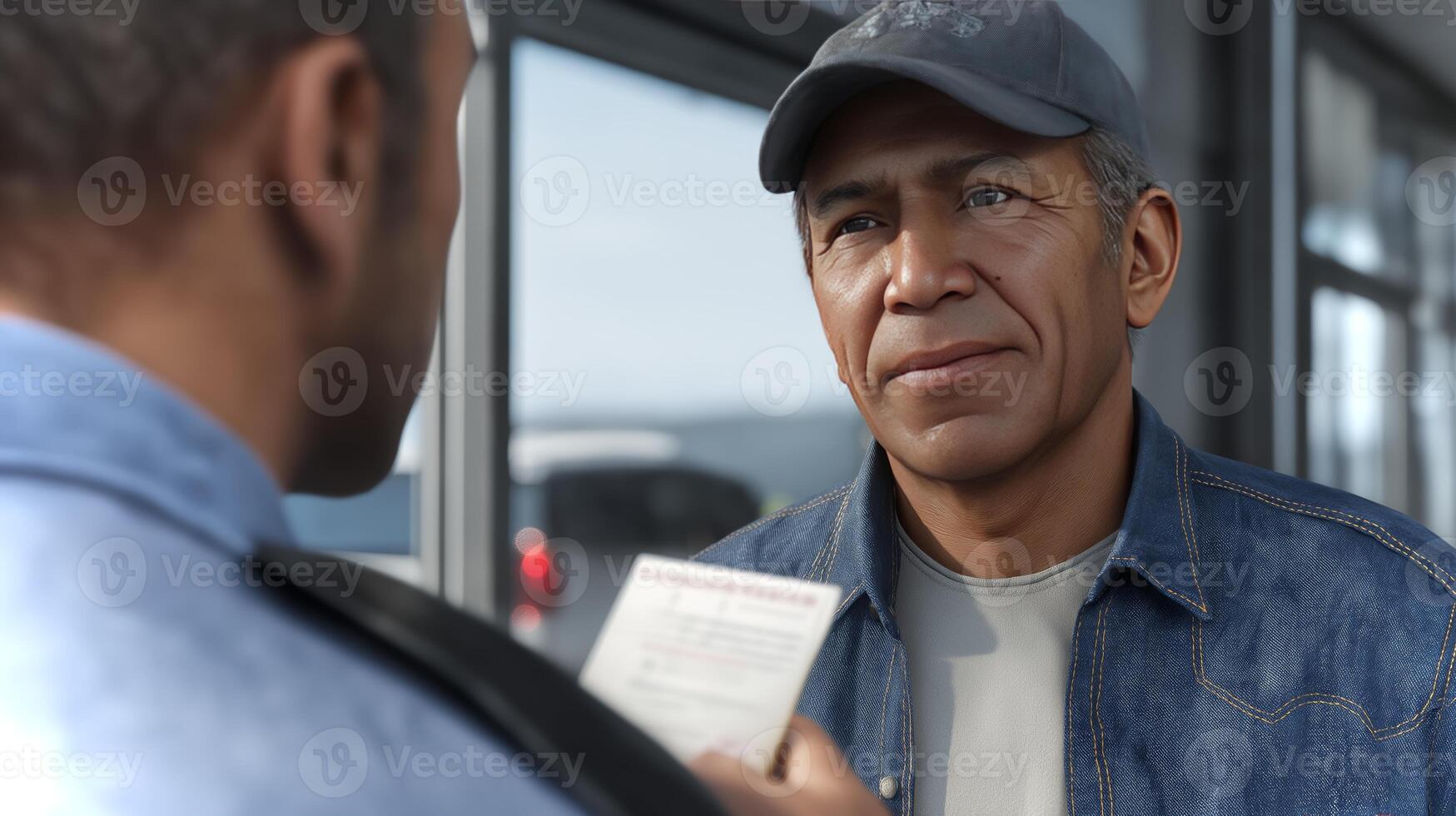Two individuals engage in a conversation at a counter in a modern facility. One holds a document while the other listens attentively, indicating a discussion. photo