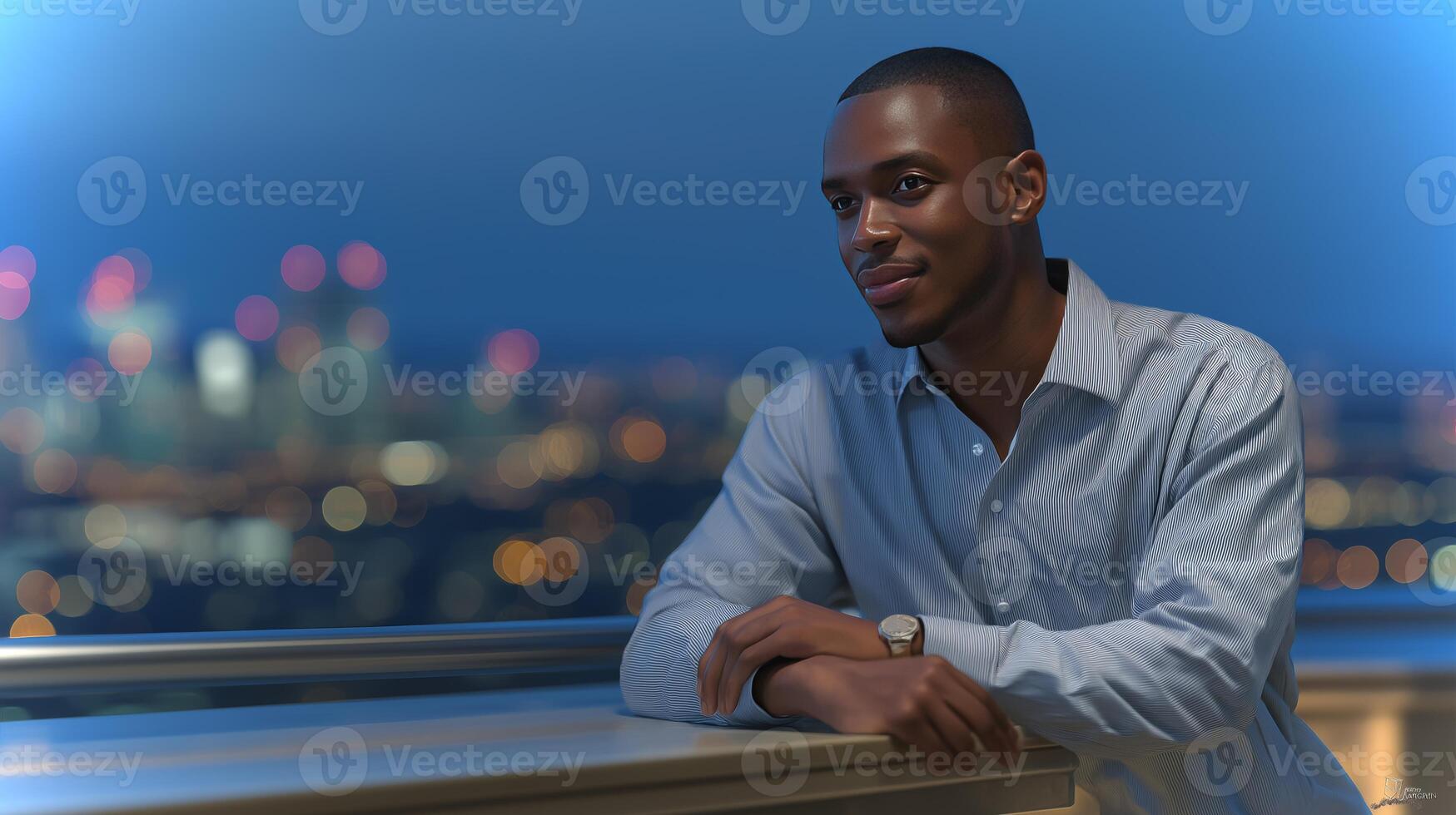 A man stands on a balcony at night, gazing thoughtfully at the illuminated skyline while dressed in a stylish shirt, enjoying the vibrant atmosphere of the city. photo