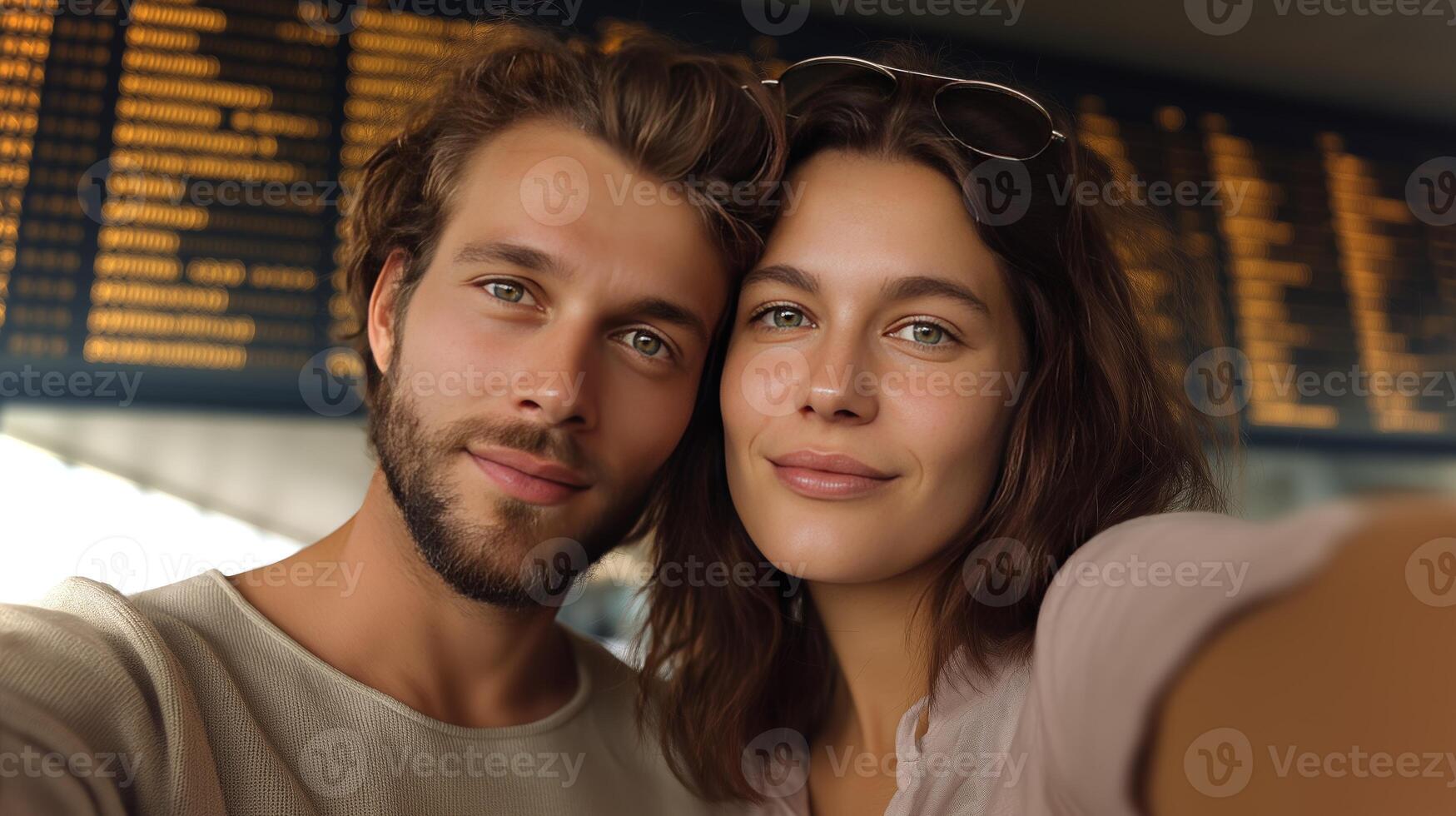 A couple smiles brightly while taking a selfie at an airport, surrounded by travel information displays. Their excitement for the journey is evident. photo