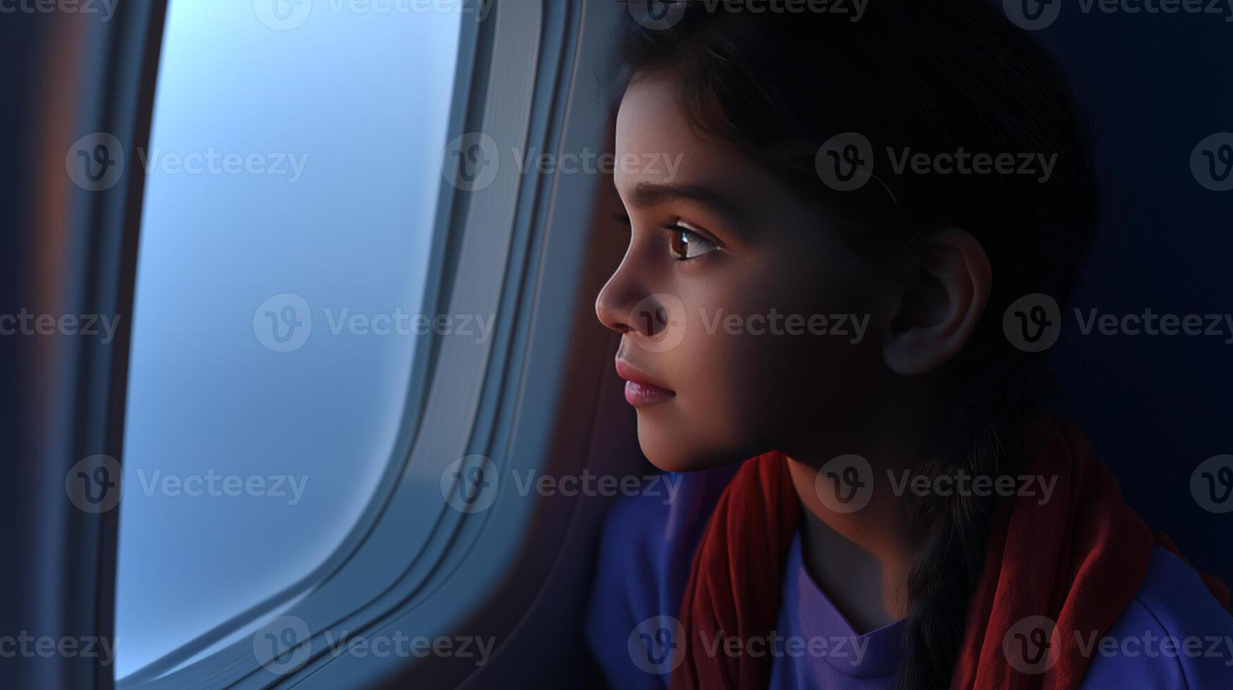 A young girl looks contemplatively out of an airplane window as twilight sets in, revealing a soft glow in the sky. Her expression reflects wonder and curiosity. photo