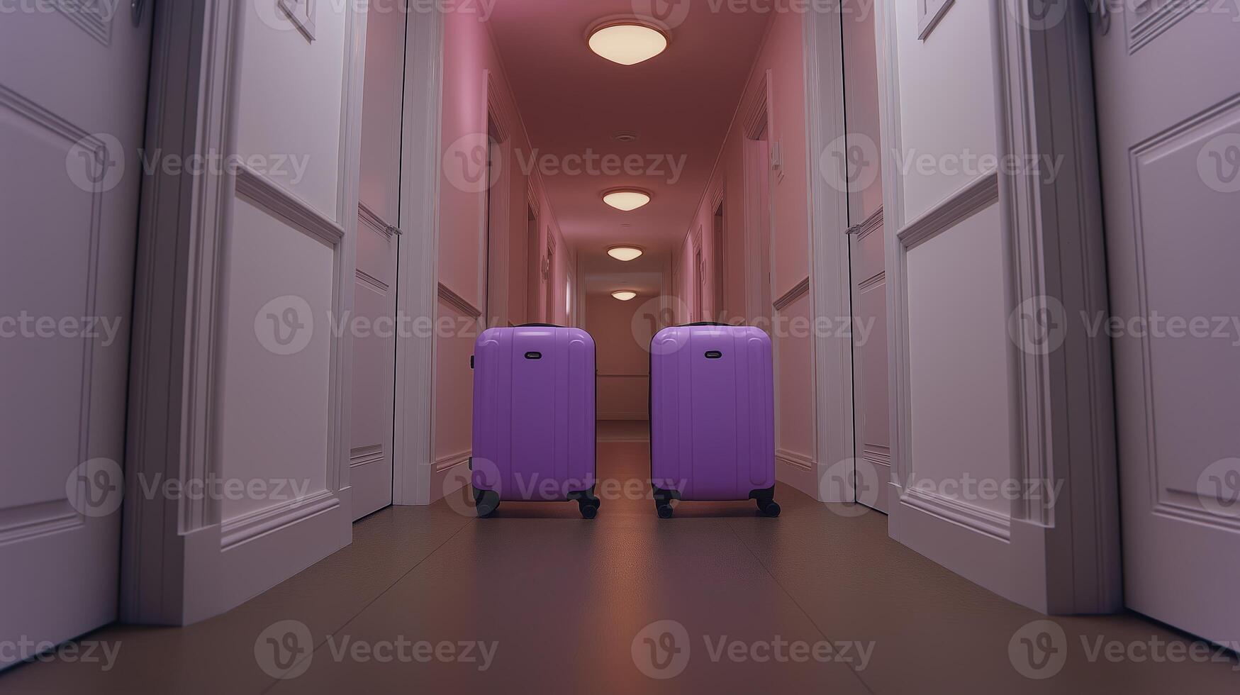 Two purple suitcases stand side by side in a pastel-colored hallway. Soft lighting enhances the calm atmosphere as travelers prepare to continue their journey. photo