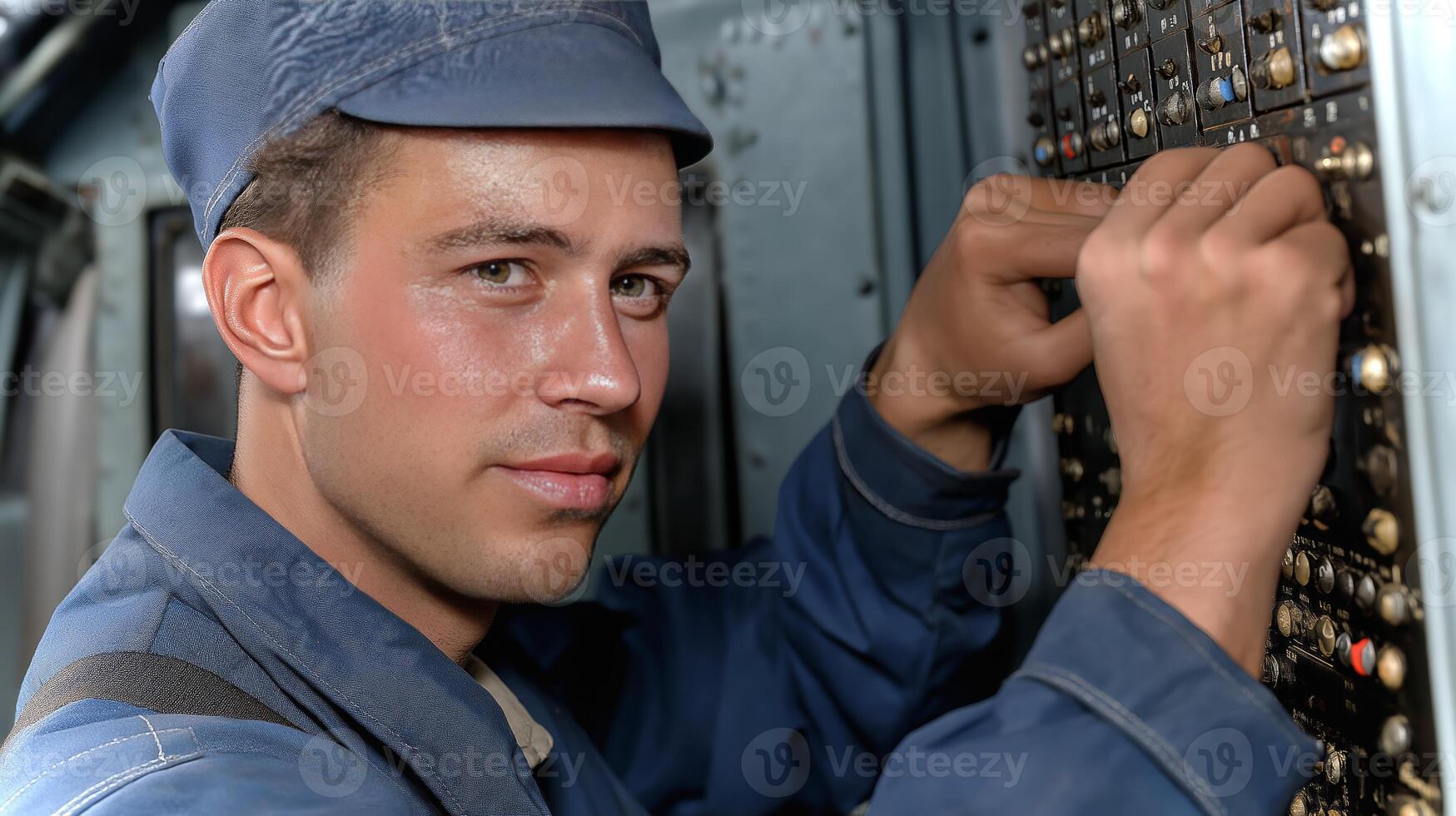 A skilled technician inspects and adjusts the control panel inside an aircraft, focused on ensuring all functions operate correctly during maintenance. photo
