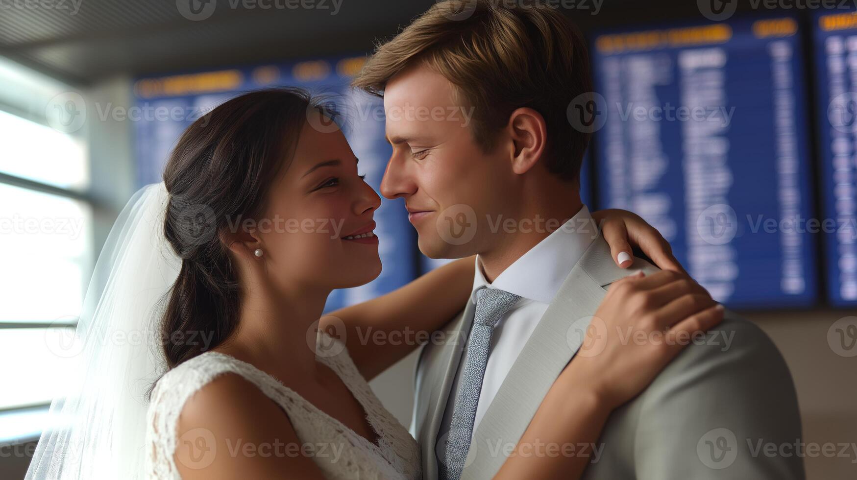 A newlywed couple embraces warmly in an airport, sharing a tender gaze as departure screens illuminate the background, celebrating love in an unexpected location. photo
