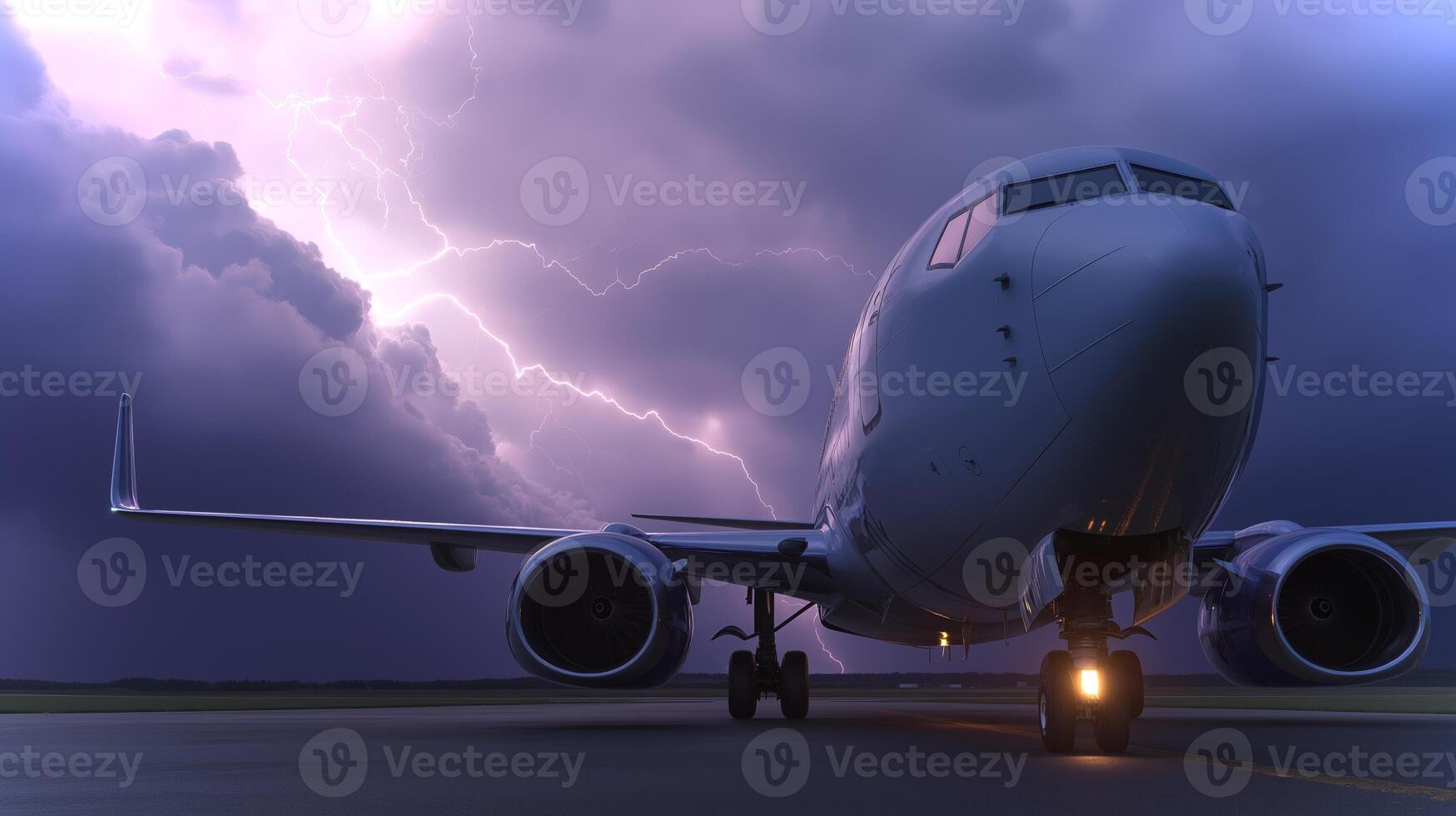 An airplane sits on the runway as dark storm clouds loom overhead, electrified by bolts of lightning and creating a dramatic setting for air travel. photo