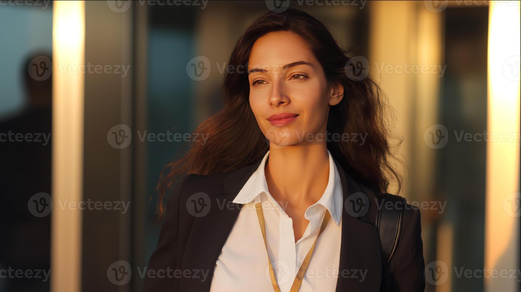 A woman dressed in a stylish outfit strolls confidently through a contemporary urban environment as the sun sets, casting a warm glow around her. photo