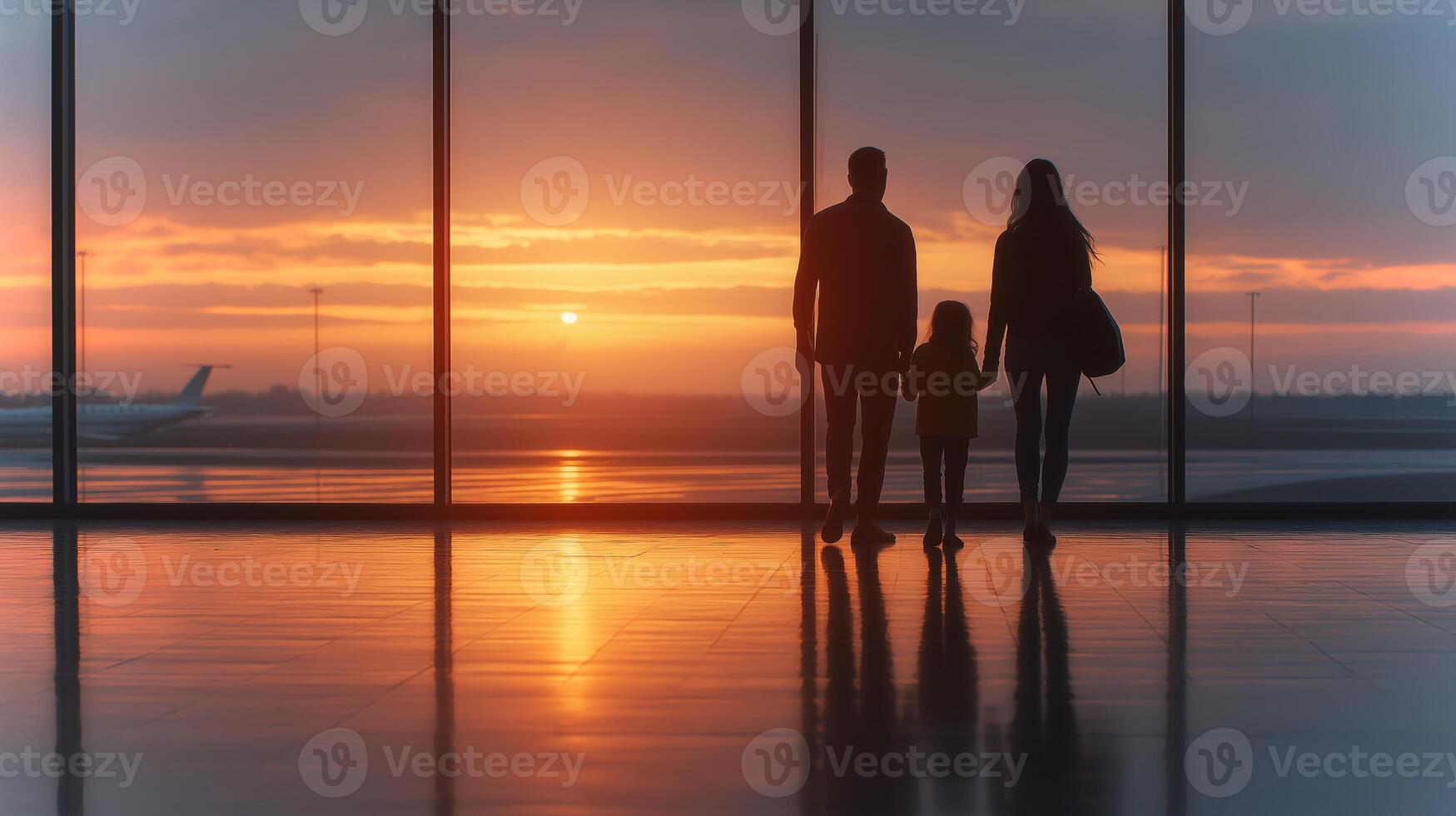 A family stands together by a large window at an airport terminal, watching a vibrant sunset with hues of orange and purple as planes taxi in the background. photo