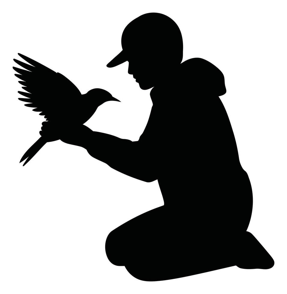 Kneeling Person Holding a Bird Gently, Wearing Hat and Jacket, Isolated on White vector