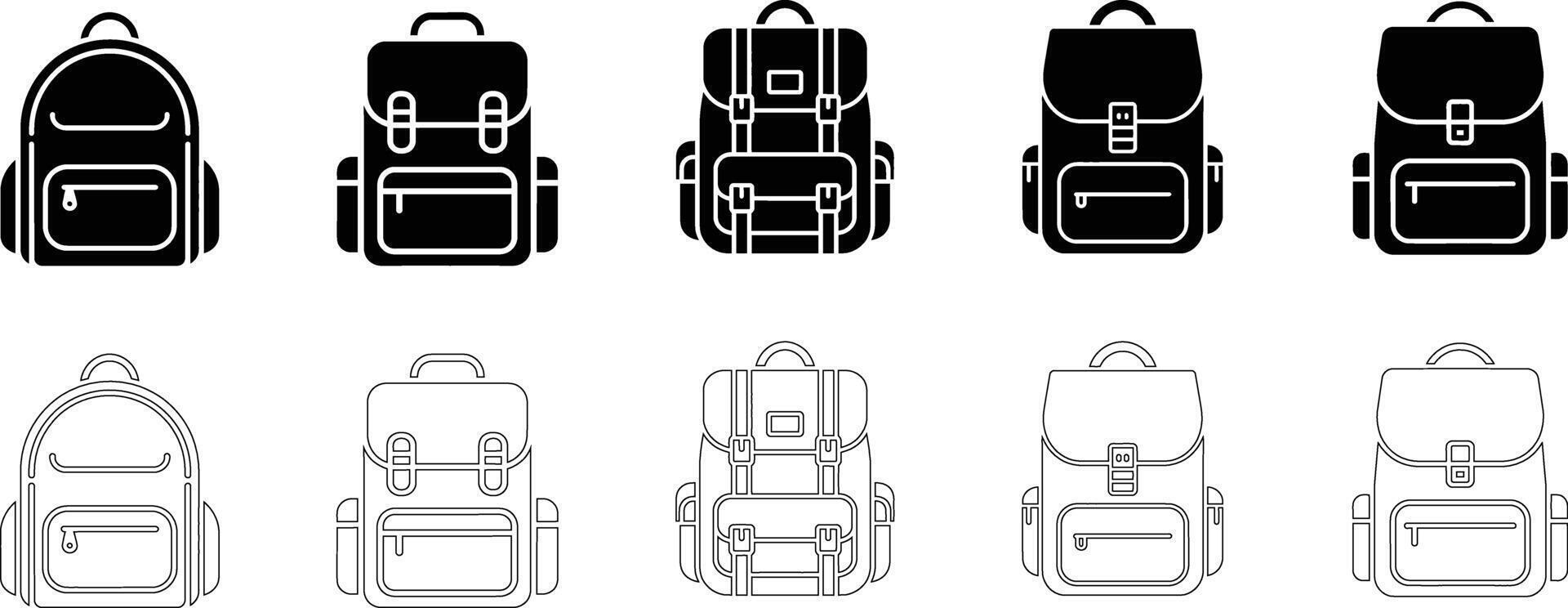 Backpack Icons Black and White Line Art Illustrations for Travel and Outdoor Use vector