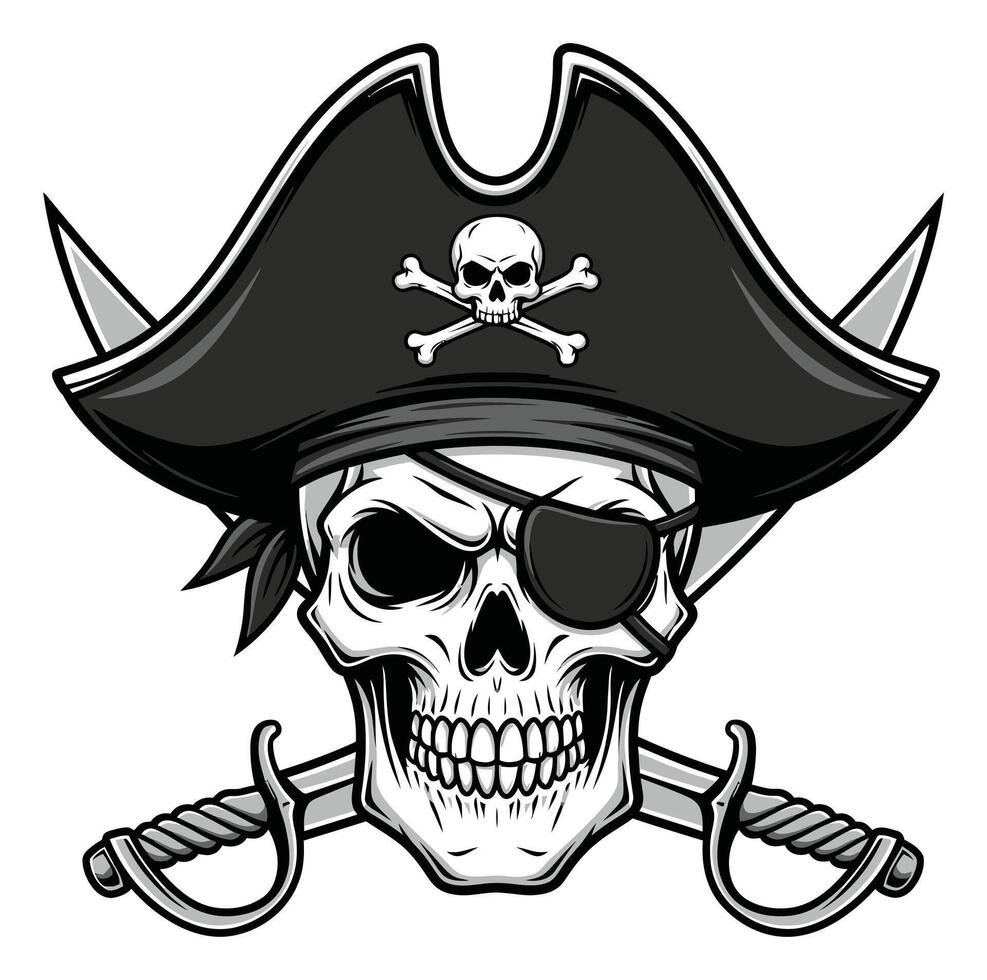 Pirate Skull with Hat, Eyepatch, Bandana, Crossed Swords, and Skull and Crossbones vector