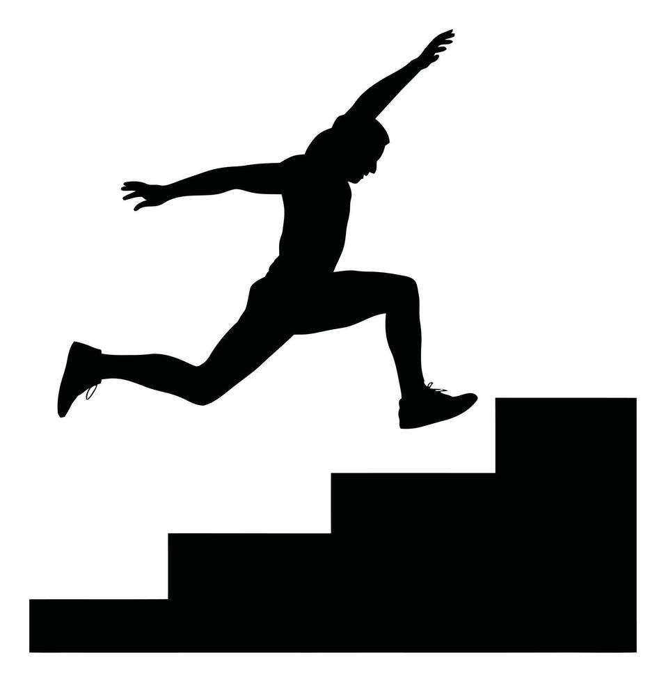 Silhouette of Athletic Man Leaping from Stairs, Black and White Illustration vector