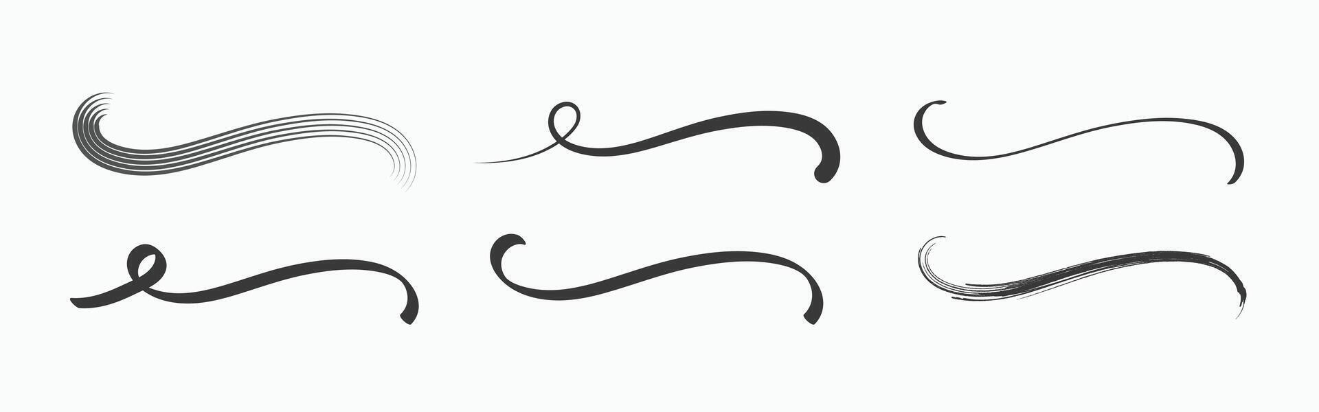 Collection of Six Elegant Black Swirl and Curl Design Elements on White Background vector