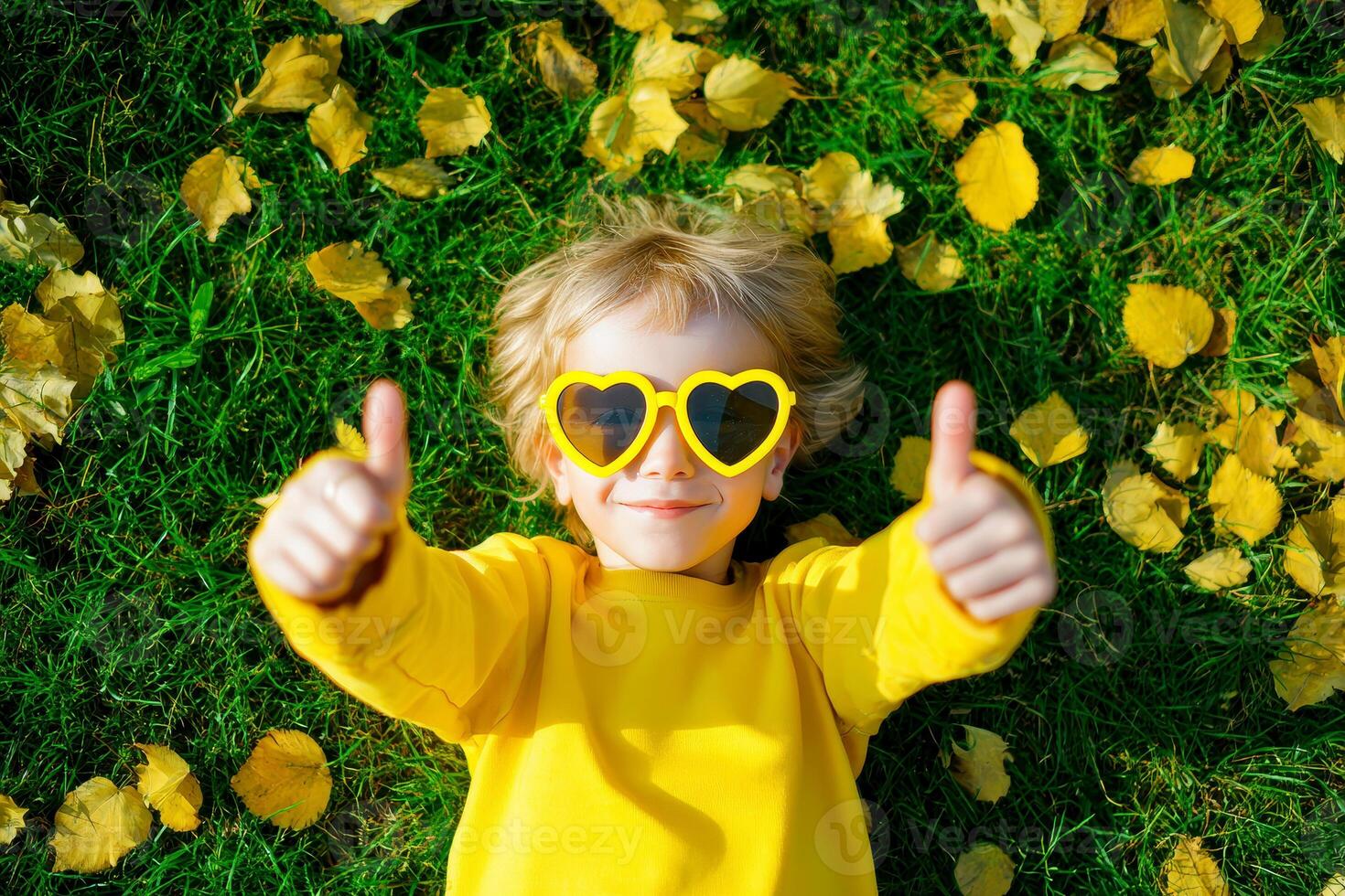 Young Boy in Red Sunglasses Gives a Double Thumbs Up while lying on vibrant green grass scattered with yellow leaves. photo