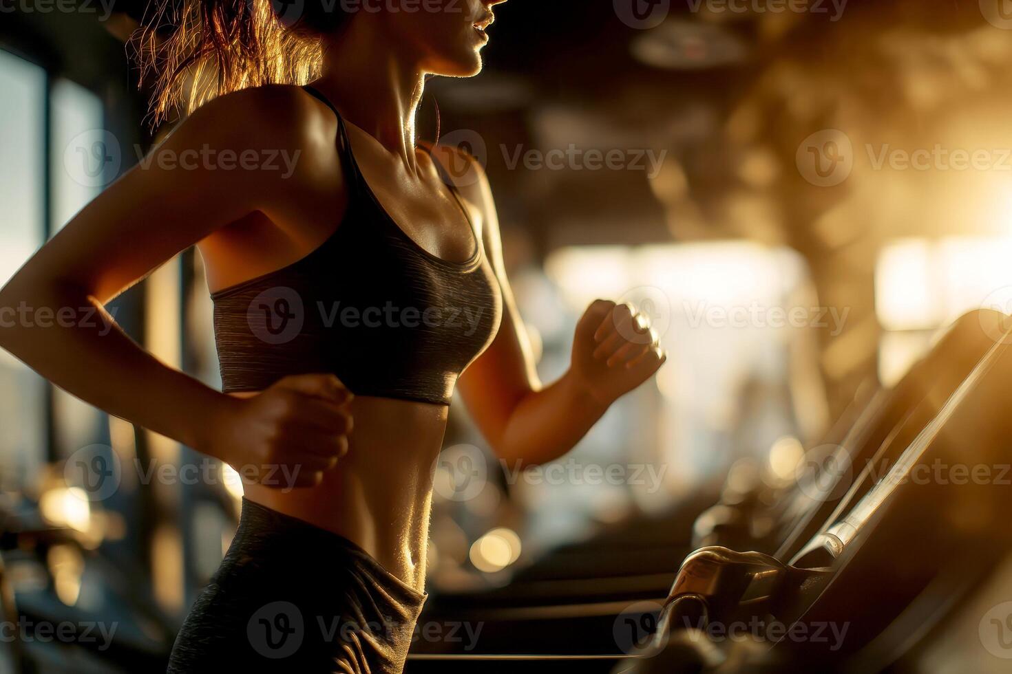 the woman running on a treadmill in a gym with a city skyline visible through large windows. photo