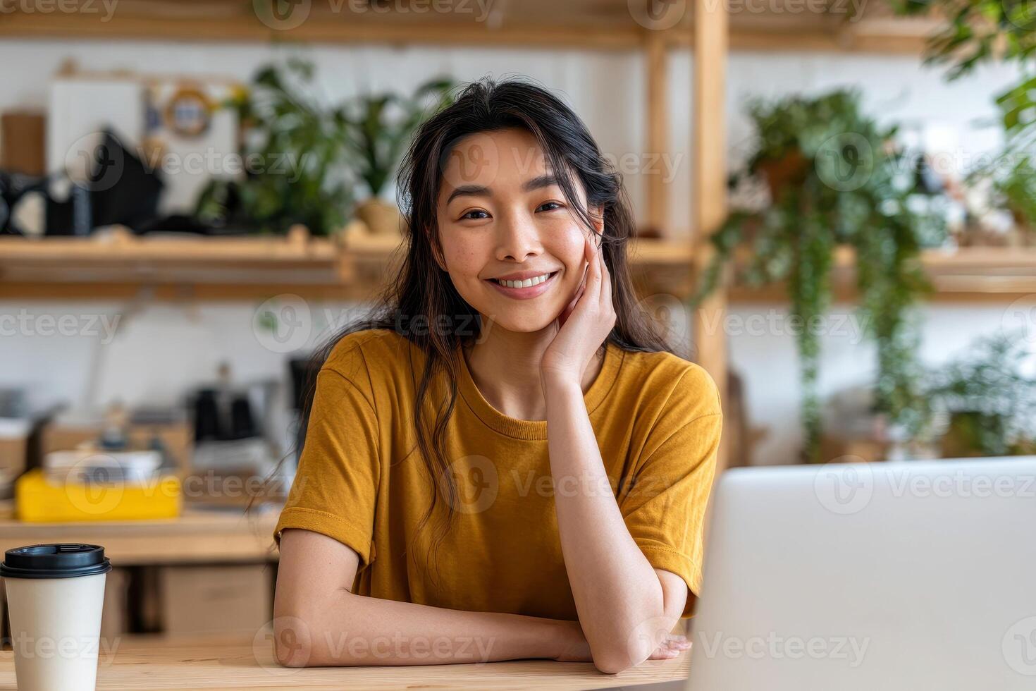 Portrait of young asia woman using laptop at cafe, she is working on laptop computer at a coffee shop. photo