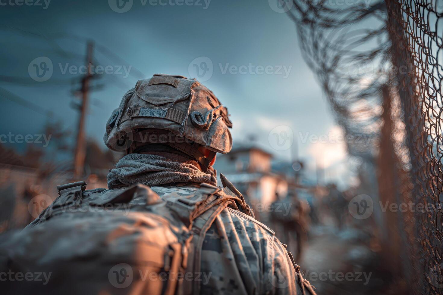 A soldier stands guard near a barbed wire fence, focused on security protocols in a military area. photo