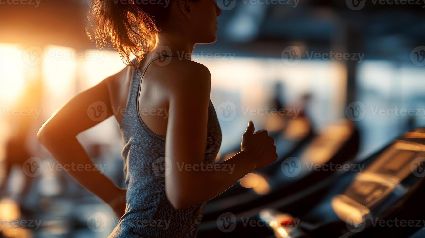 woman running on a treadmill in a gym with a city skyline visible through large windows. photo