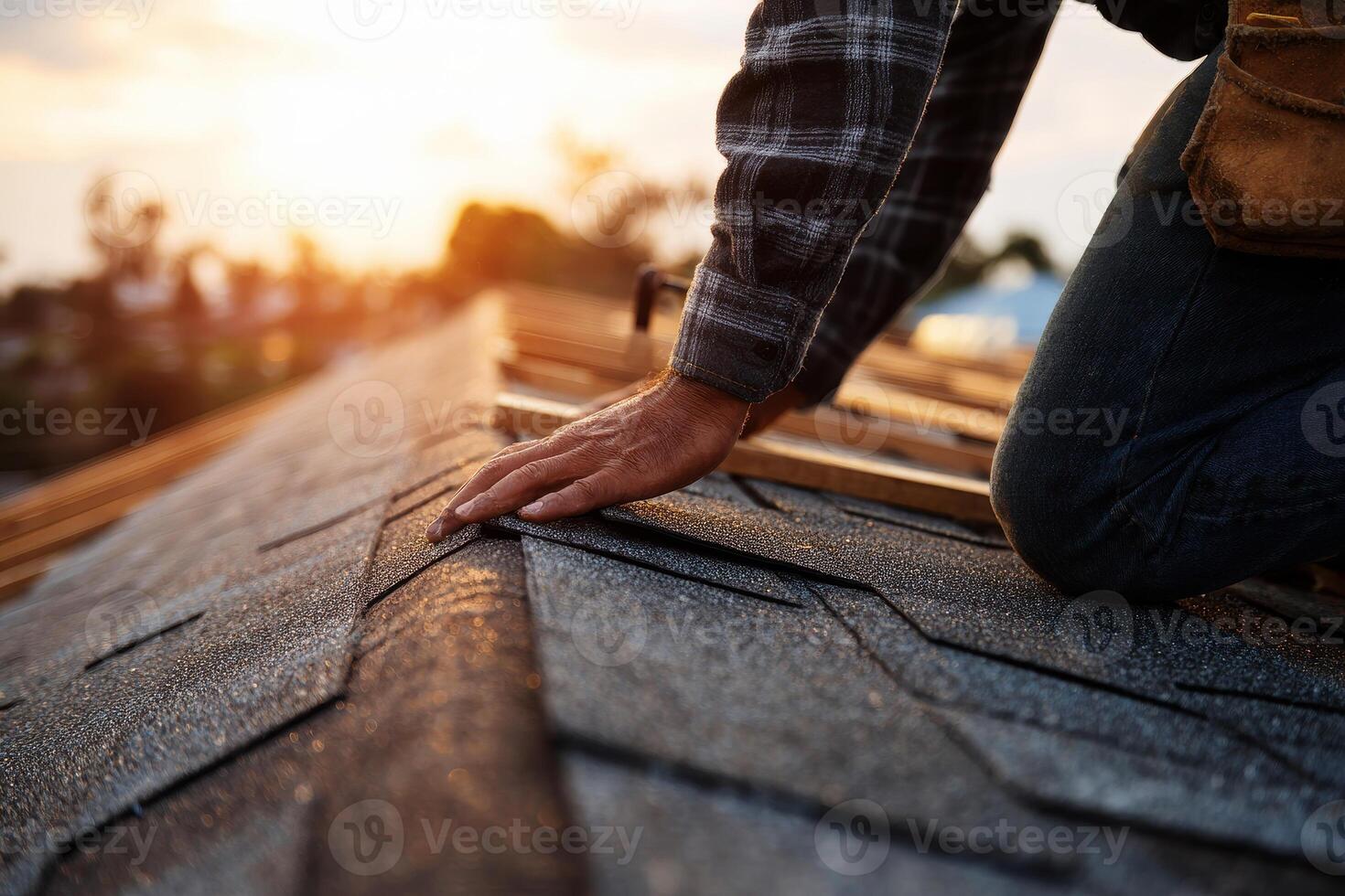 A close-up image of a home repair, focusing on a roofer installing shingles on a roof. photo