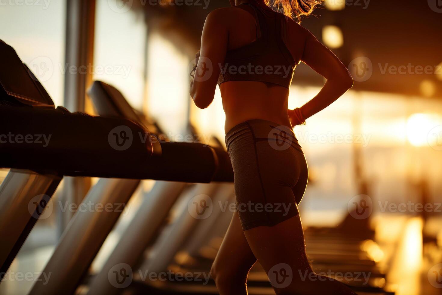 A woman running on a treadmill in a gym with a city skyline visible through large windows. photo