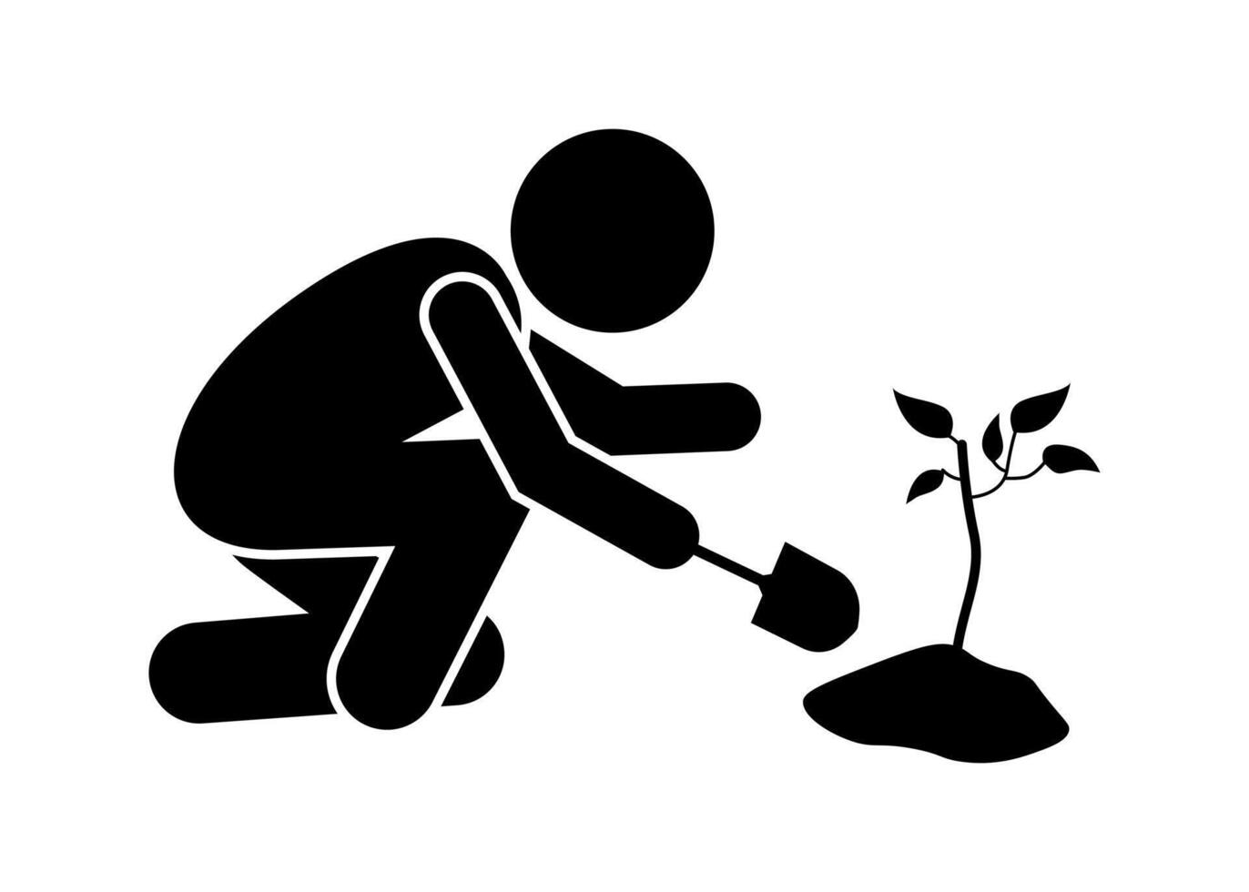 Stickman figure human cartoon silhouettes. people plant small trees in the ground with shovels. green environmentalist. vector