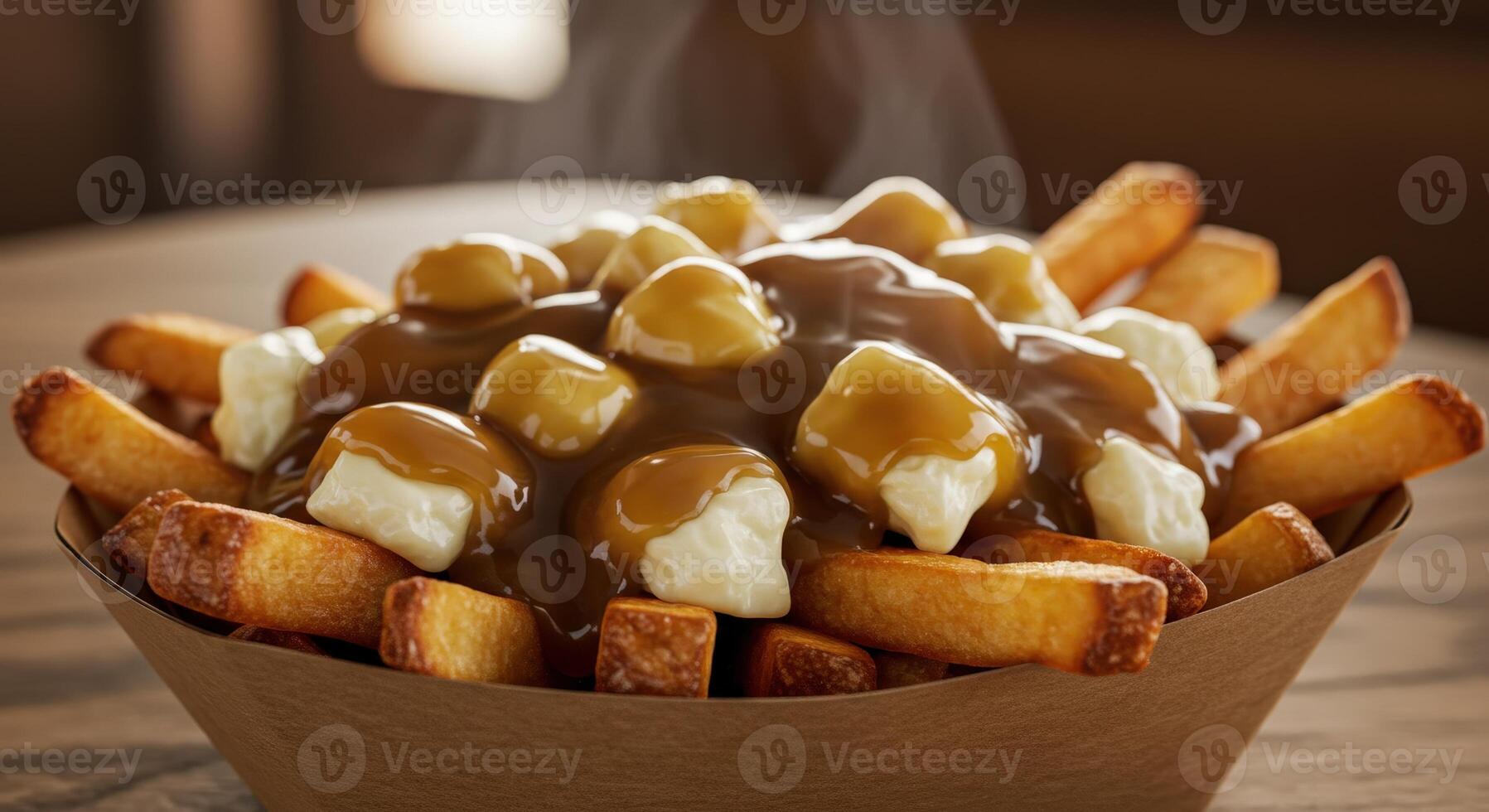 Delicious Canadian poutine with golden french fries, cheese curds, and rich gravy photo