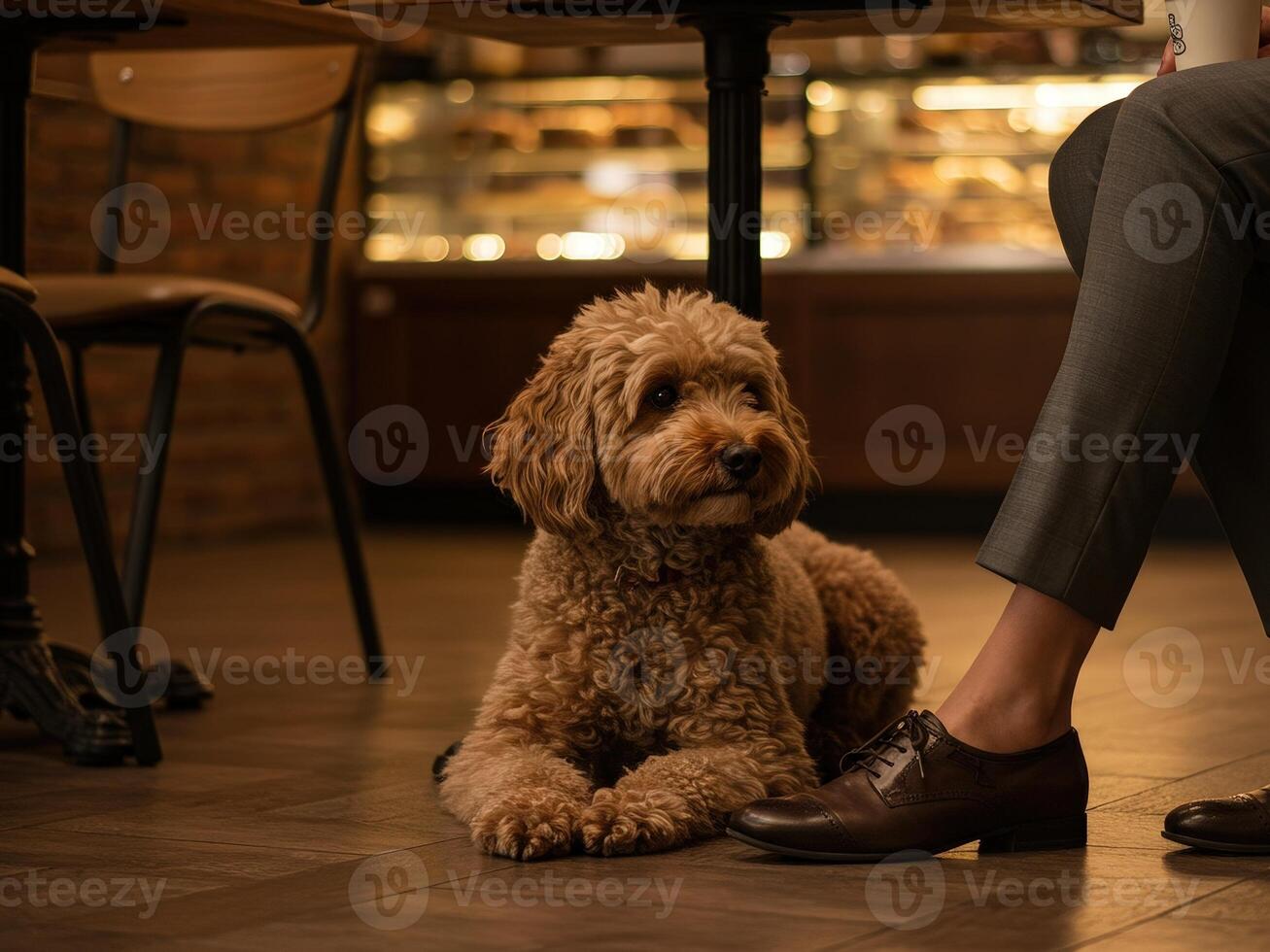 Cute fluffy cockapoo dog lying on floor in cozy cafe with its owner's feet nearby photo