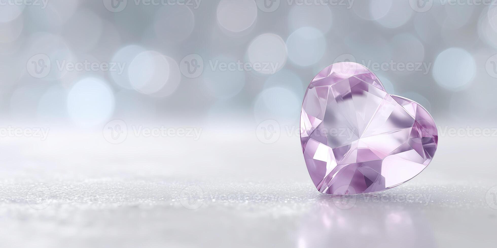 Heart-shaped purple gemstone resting on a reflective surface, surrounded by a soft bokeh background, creating a romantic and elegant atmosphere for various design projects photo