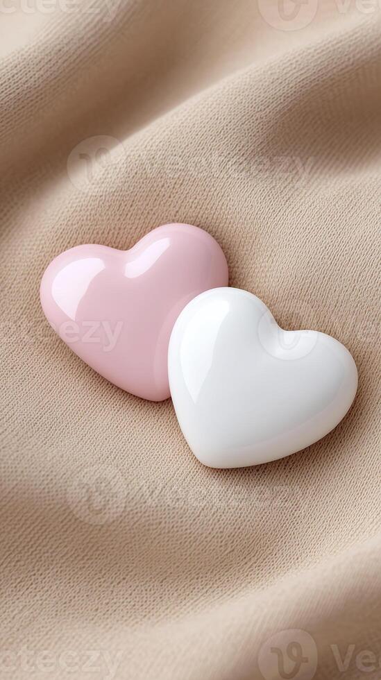 Two glossy heart-shaped objects, one pink and one white, resting on a soft beige fabric, creating a romantic and cozy atmosphere for decorative purposes photo