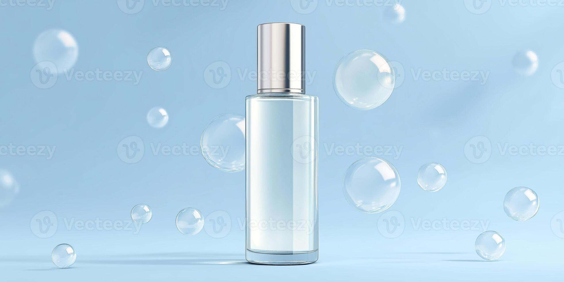 Transparent perfume bottle with silver cap, surrounded by floating bubbles against a soft blue background, creating a fresh and elegant atmosphere for beauty products photo