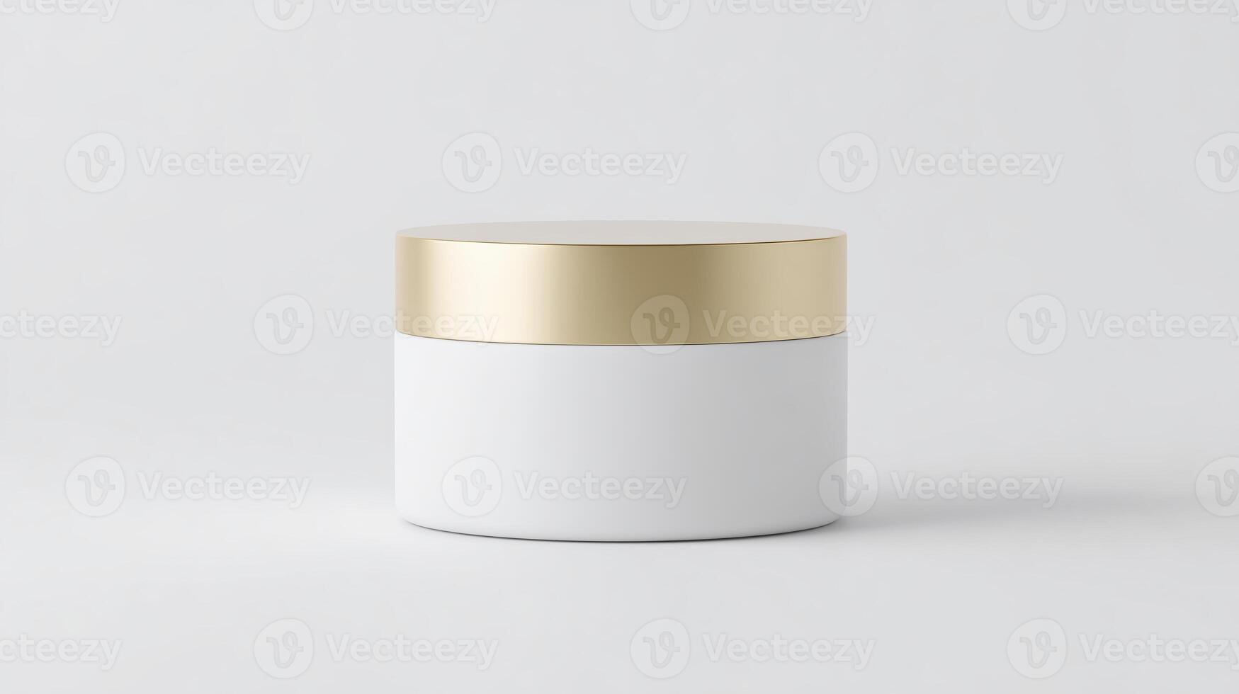 Round cosmetic container with a gold lid, featuring a smooth white body, placed on a minimalistic background, showcasing modern design and elegance for beauty products and packaging photo