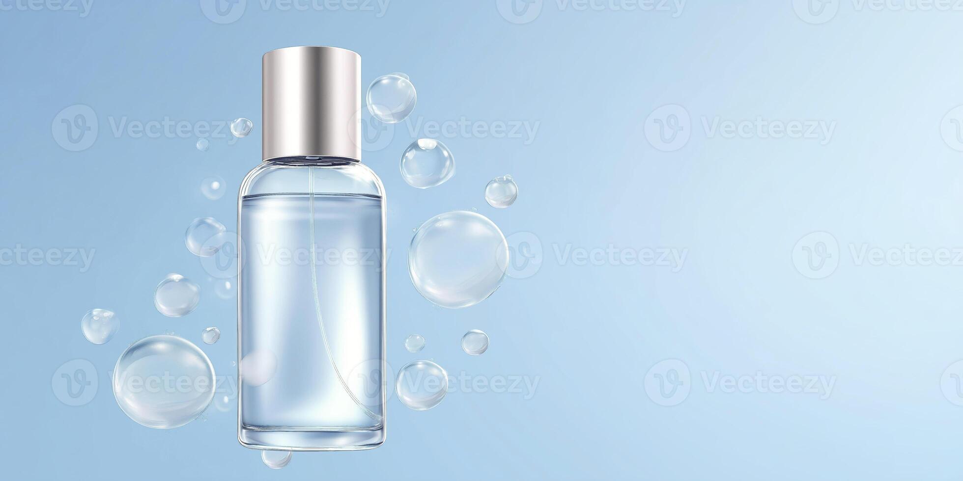 Clear glass bottle filled with liquid, surrounded by floating bubbles, set against a soft blue background, creating a refreshing and clean aesthetic for product display photo