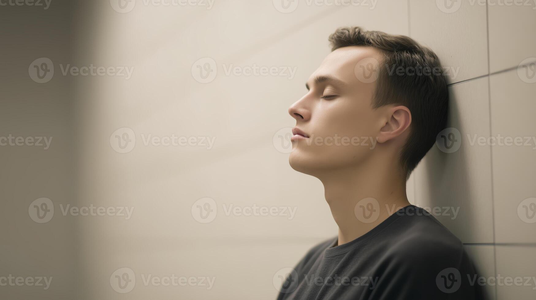 Young man with closed eyes leans against a smooth wall, showcasing a moment of introspection and tranquility in a minimalist environment with soft lighting photo