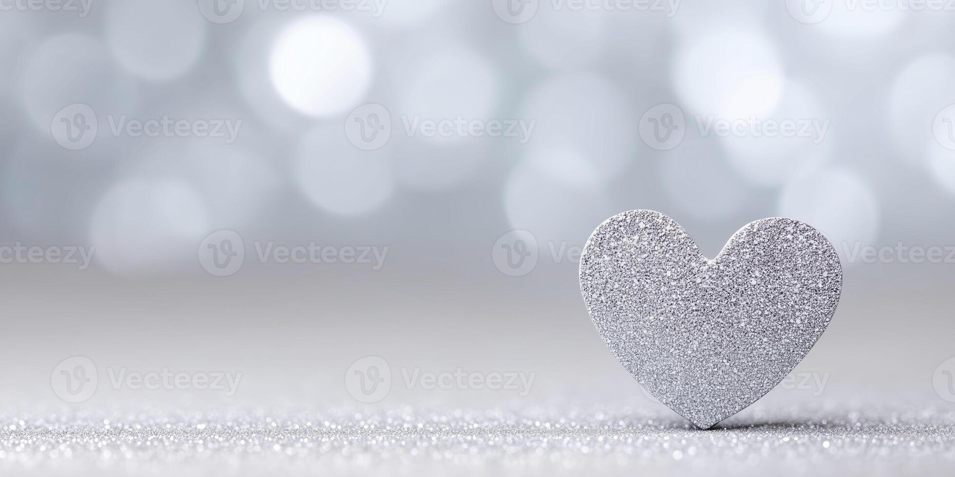Silver glitter heart decoration stands on a soft surface, surrounded by a dreamy bokeh background, creating a romantic and festive atmosphere for celebrations and special occasions photo