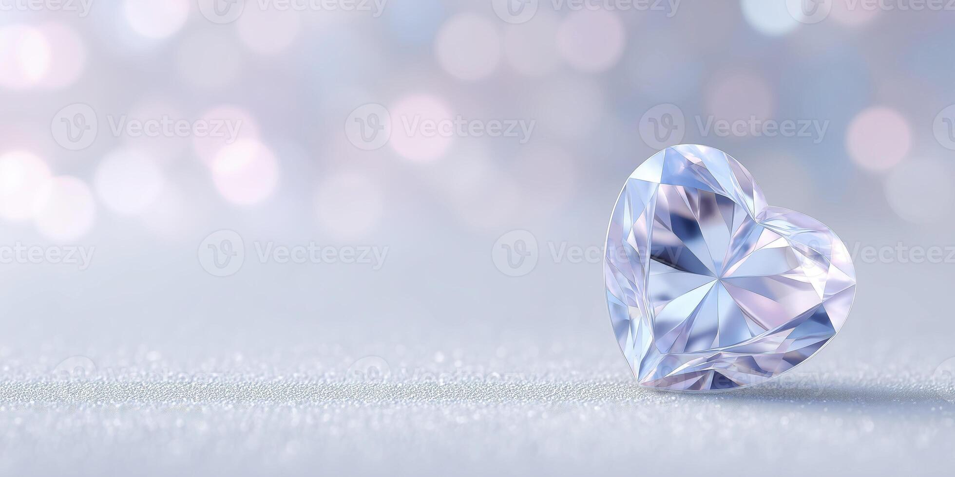 Heart-shaped crystal gemstone with intricate facets resting on a soft surface, surrounded by a dreamy bokeh background, symbolizing love and elegance in a romantic setting photo