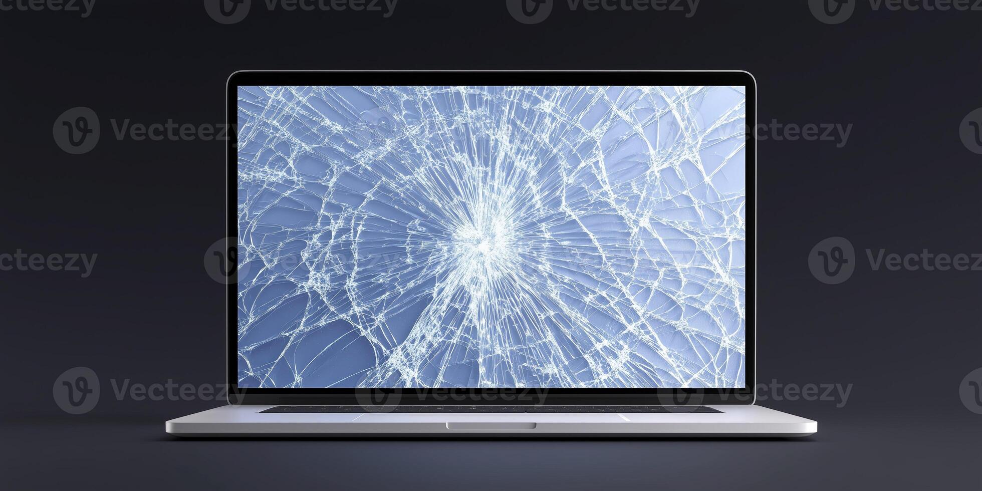 Laptop mock up with cracked screen displaying abstract blue background, showcasing damage and technology, ideal for repair services and digital content creation photo