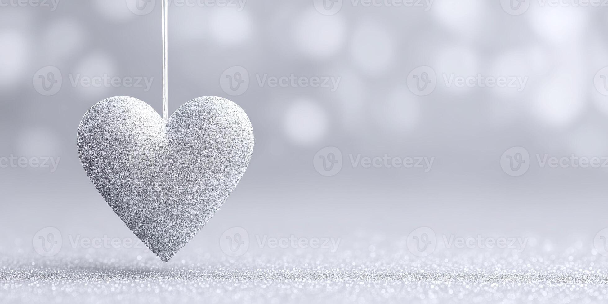 White textured heart ornament hanging delicately against a soft blurred background, creating a serene and romantic atmosphere for various design applications and heartfelt expressions photo