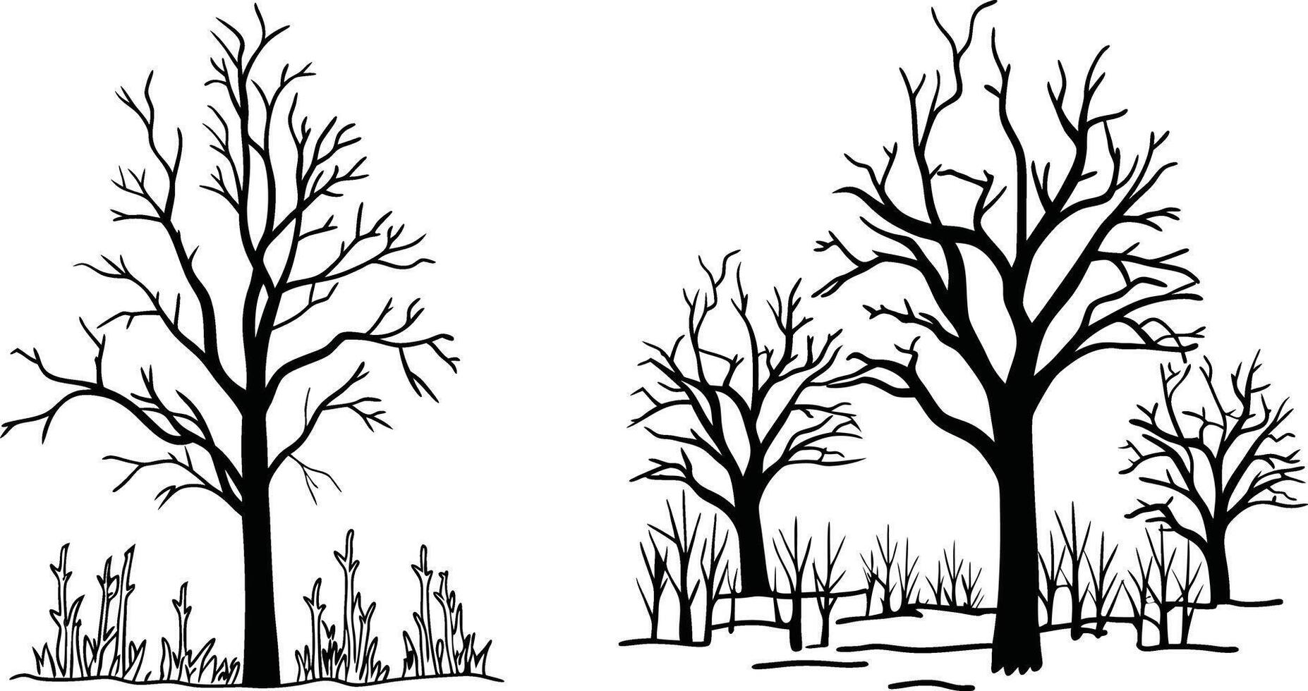 Bare Trees in Silhouette with Grasses and Bushes vector