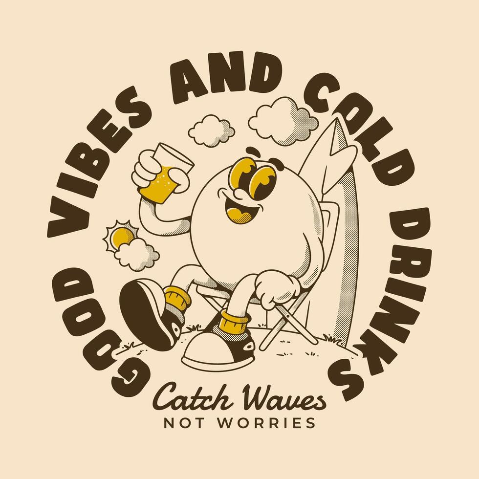 Relaxing Summer Cartoon Art With Positive Vibes And Beach Drinks vector