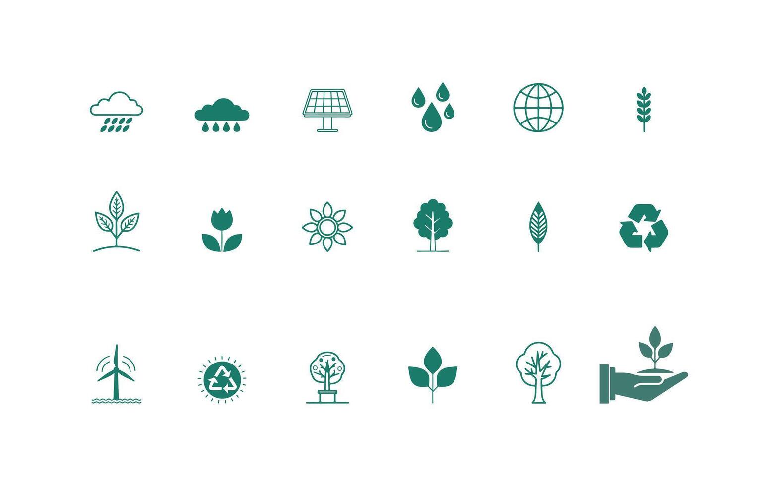 Eco-Friendly Icon Set Featuring Nature, Recycling, and Renewable Energy Symbols vector