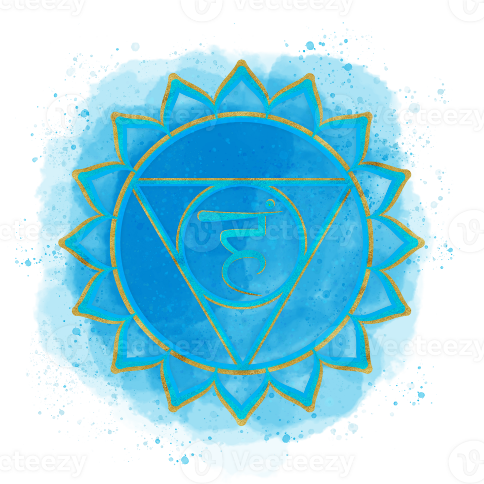 Golden Throat chakra Vishuddha symbol on blue watercolor background and splatter Sanskrit letters in the center. Energy healing clipart. Hand-drawn illustration for postcards, covers, covers png
